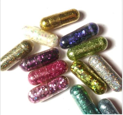 glitter poop pills colors